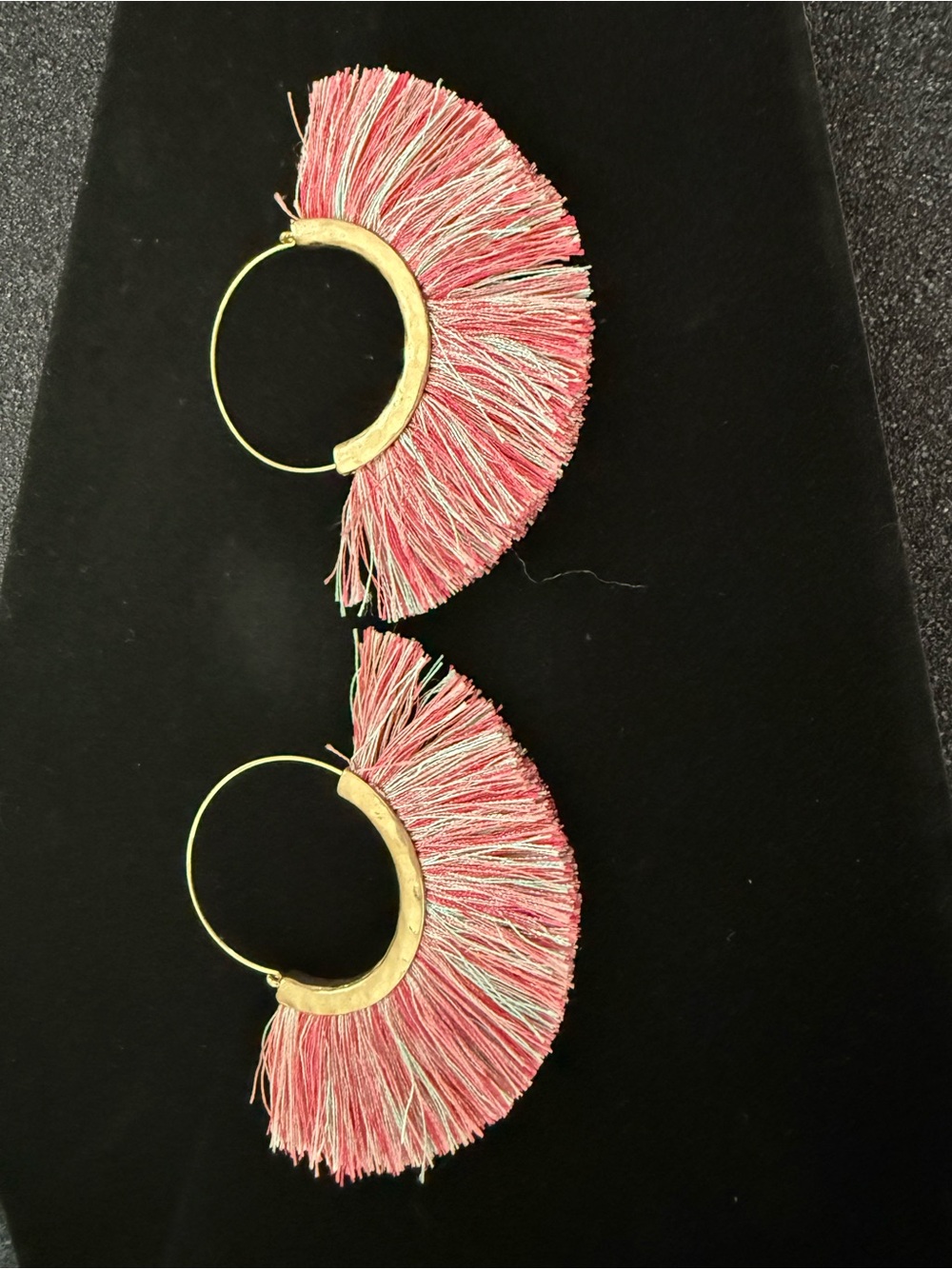 Pink Blue Fringe Gold Hoop Earrings - Boho Statement Jewelry